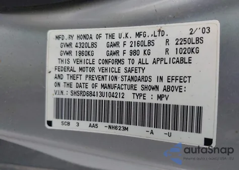 2003 Honda Cr-V Lx from USA, damaged, VIN SHSRD68413U104212